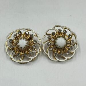 Kramer Vintage Signed Gold Tone White Enamel Milk Glass Rhinestone Clip Earrings